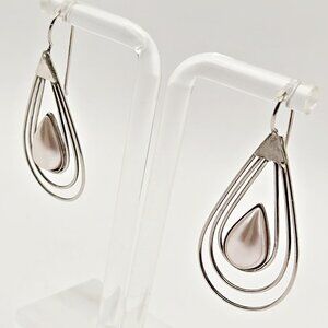 Vintage Silver Tone Teardrop Dangle Earrings Pale Pink Cabochon 1.75" Drop Moder